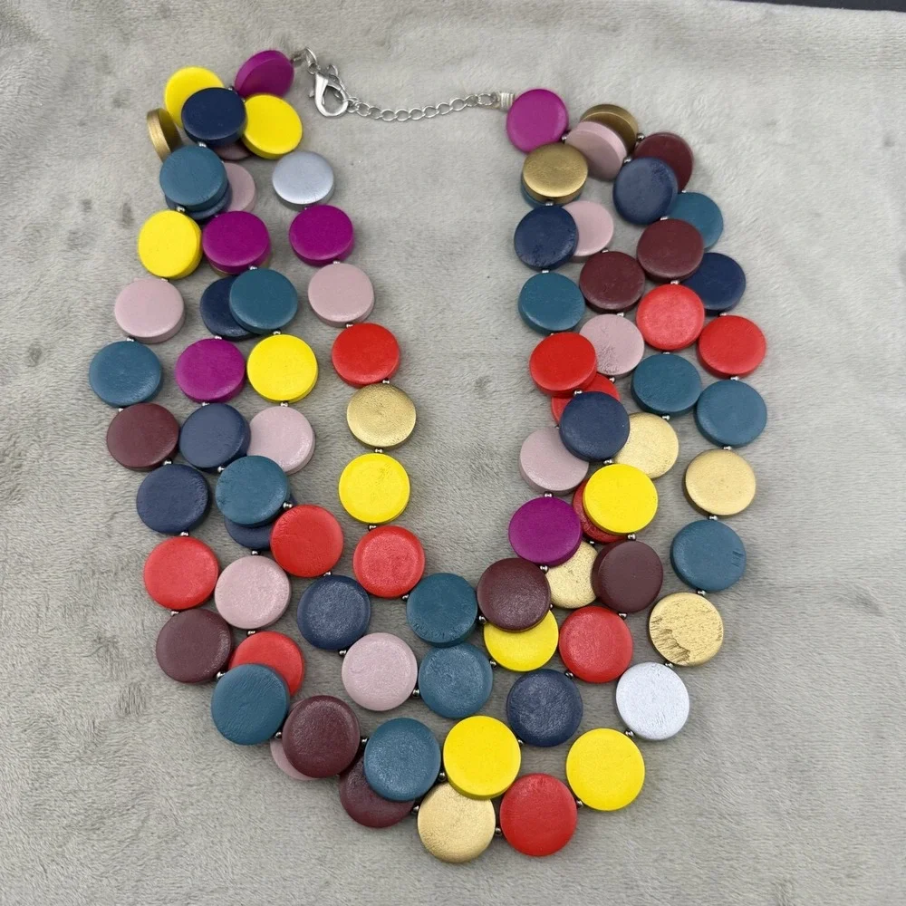 Statement Necklace Layered Painted Wood Disc Bright Summer Party 18" - Picture 5 of 10